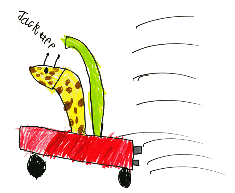 Giraffe driving a racing car for Alun Joseph
