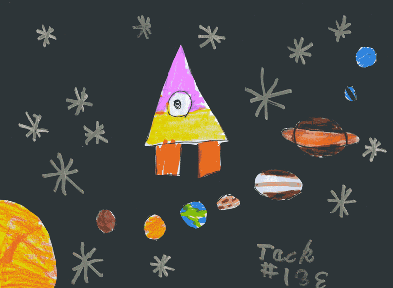 Me flying through space in a rocket ship with stars and planets for Steve Wilson