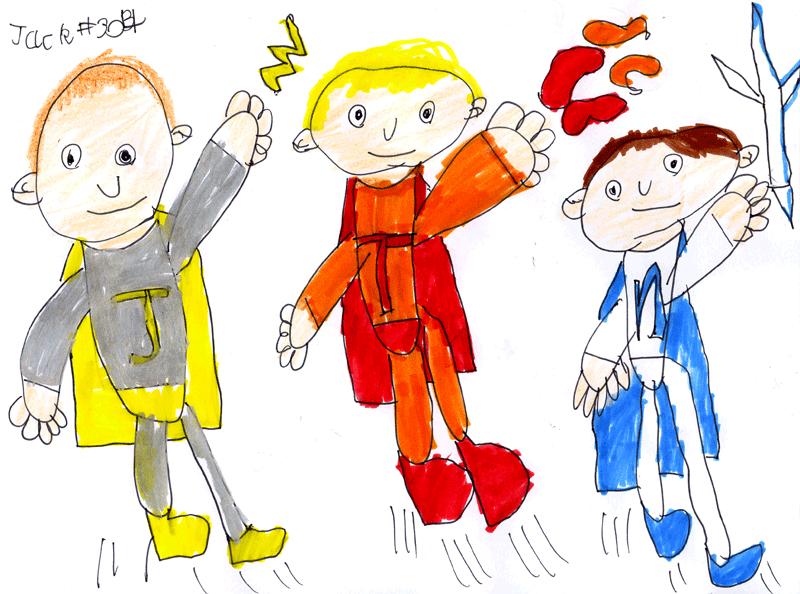 Jack & his brothers as superheroes (aka ThunderJack, LavaToby & Snowah) for Billie Hutchison