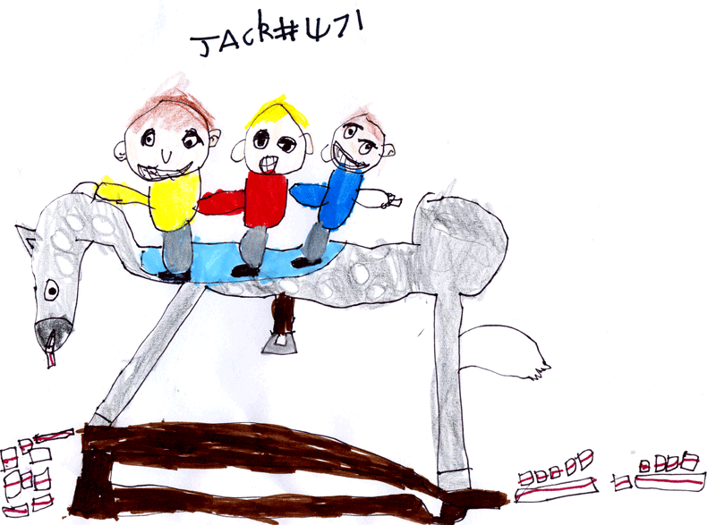 Neddy the rocking horse, swimming in a pool of jam sandwiches with Jack, Toby and Noah riding him for Laura Perry