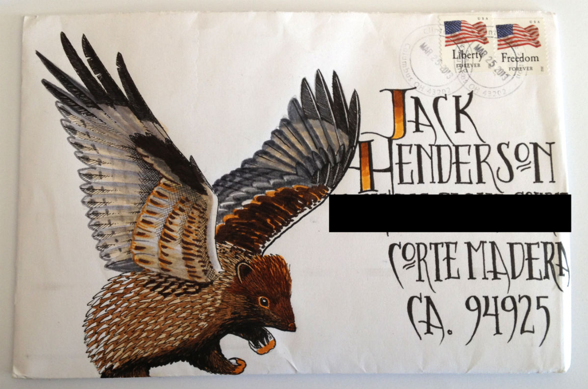 A “Hedgehawk” for Jack Henderson on an envelope and mailed to Jack from Craig ‘Tapecat’ McCudden